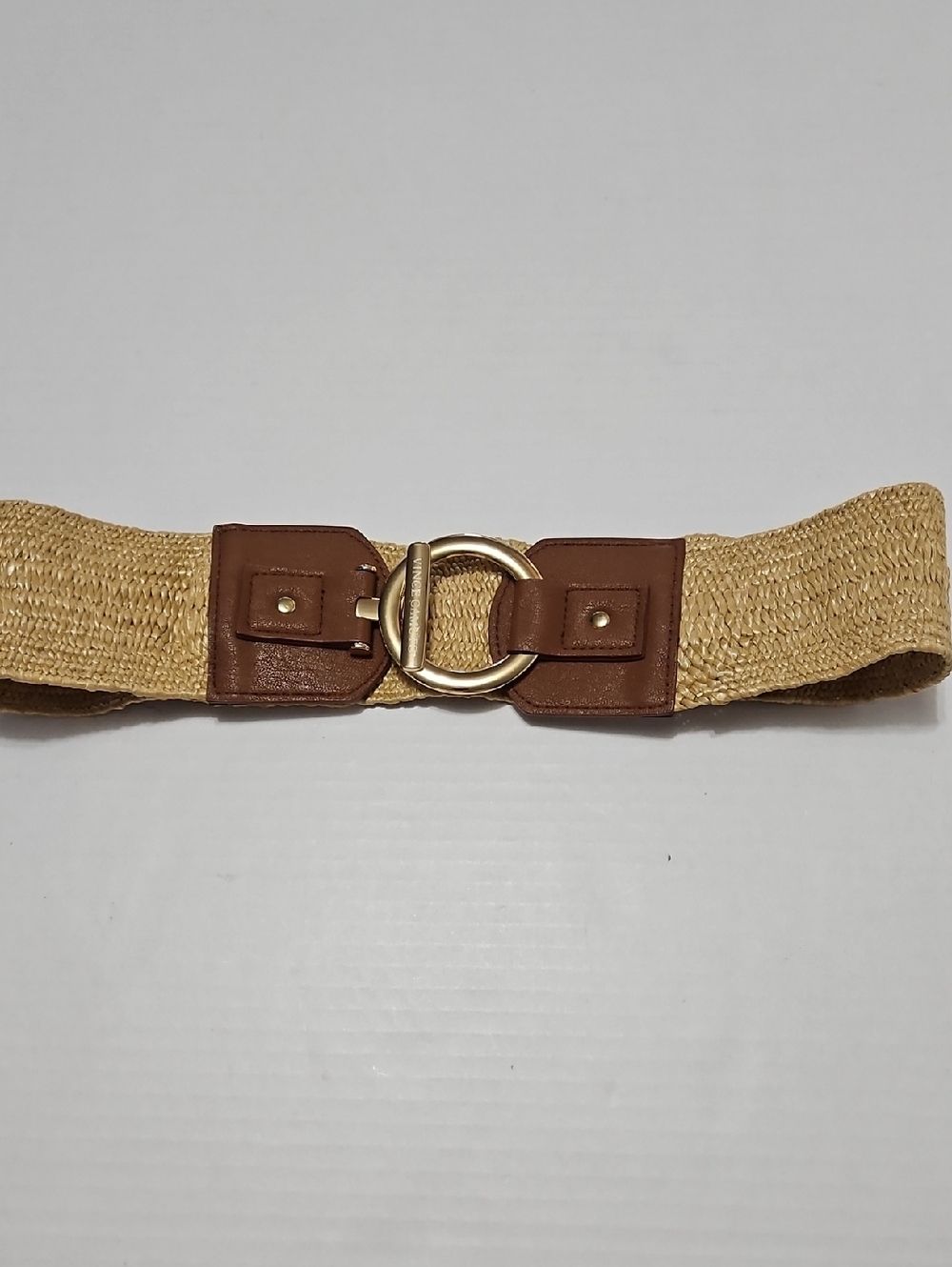 Vince Camuto Stretch Tan Woven Straw Belt w/ Brown Leather & Gold Ring Size M/L